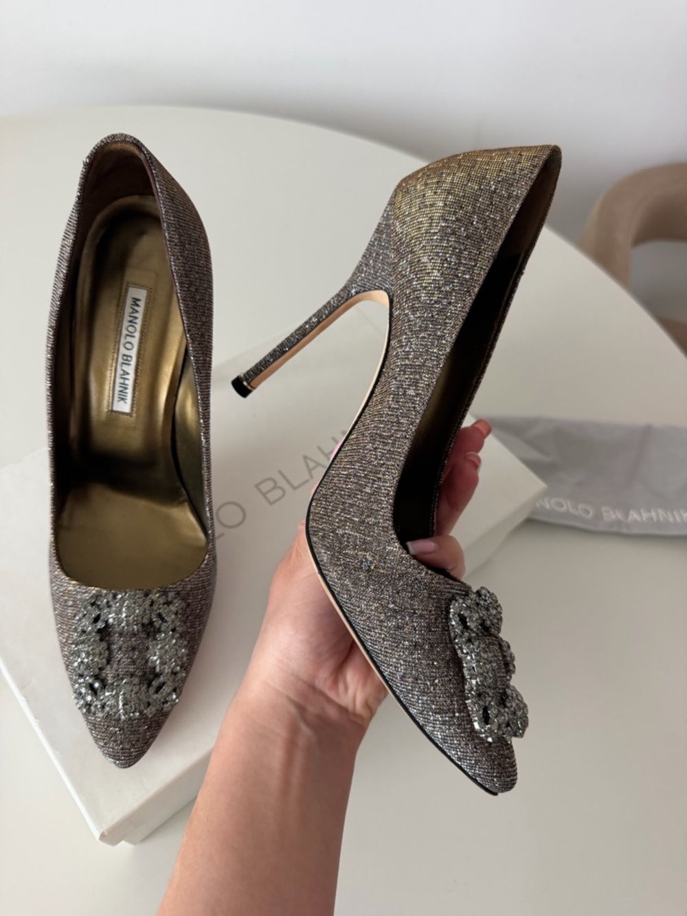 Manolo Blahnik Metallic Bronze Pointed-Toe Pumps with Crystal Embellishment - Picture 2 of 10